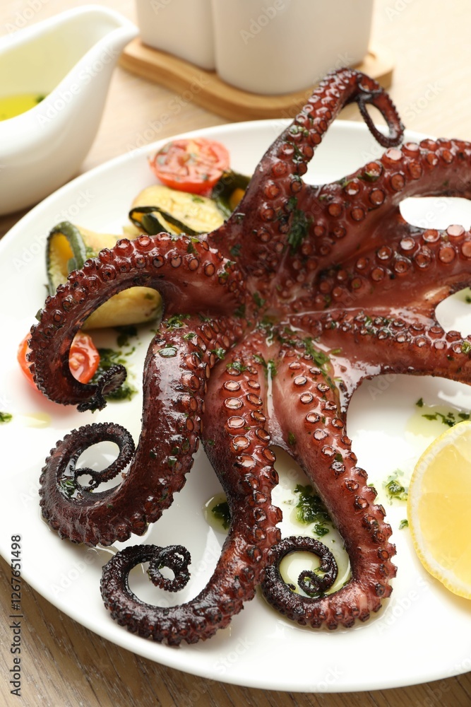 Obraz premium Fried octopus with herb sauce, lemon and vegetables on wooden table, closeup