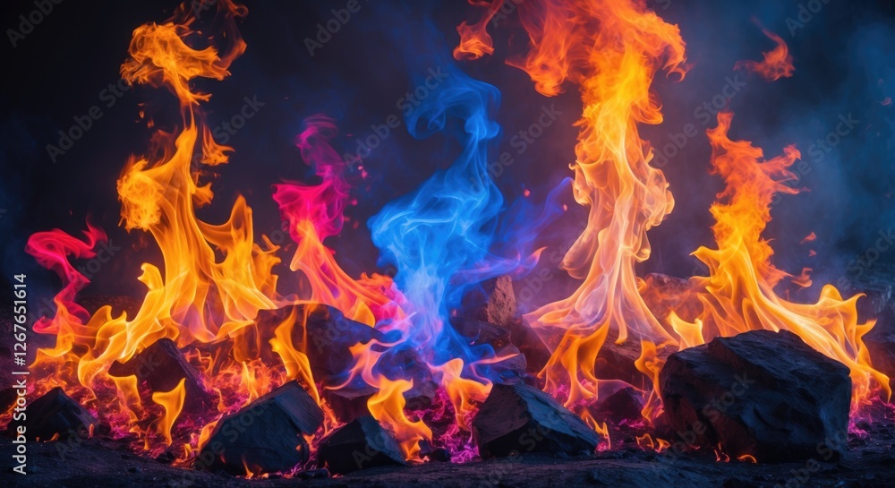 Fototapeta premium Vibrant abstract flames in blue purple and orange hues creating a captivating and colorful fire background with rocks and smoke elements
