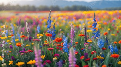 Vibrant wildflower field in full bloom with a variety of colorful blossoms against a scenic mountainous background during sunset. photo