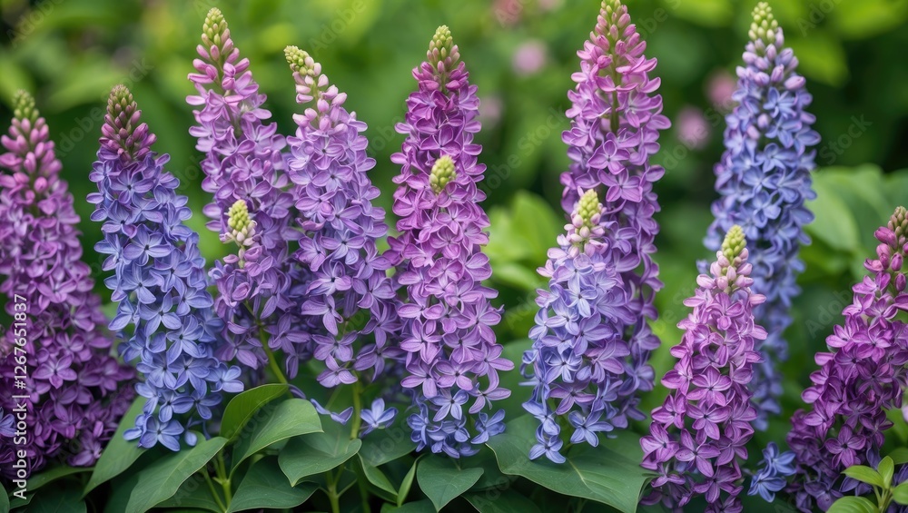 Fototapeta premium Colorful Lilac Flowers Blooming in Garden Against Lush Green Background with Space for Text and Design Elements