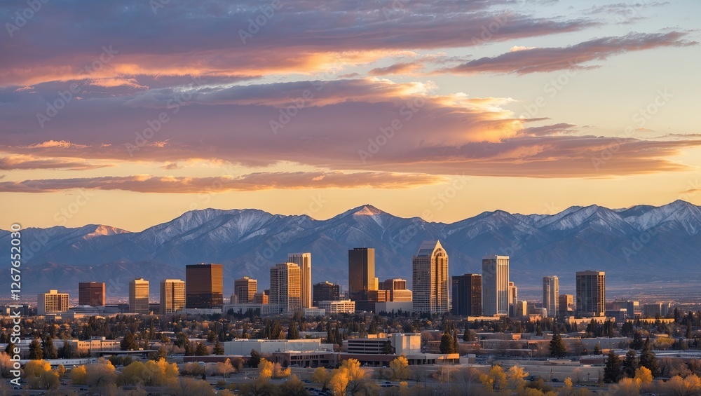 Fototapeta premium Panoramic view of a city skyline during sunset with mountains in the background and colorful clouds