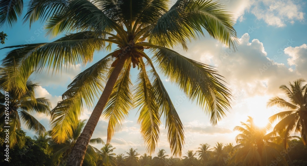 Obraz premium Coconut Palm Trees Silhouetted Against a Vibrant Sunset in Tropical Paradise