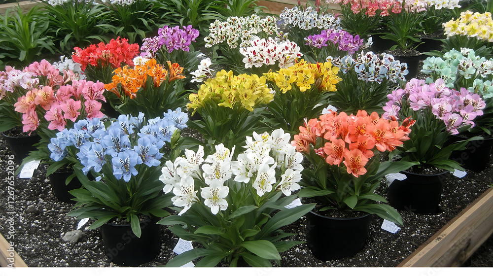 Fototapeta premium Display of Captivating Peruvian Lilies in Full Bloom Diverse Colors and Black Pots in Floral Shop