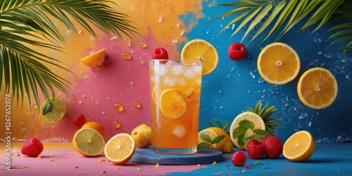 Fototapeta Naklejka Na Ścianę i Meble -  Vibrant Summer Drink Surrounded By Fresh Fruits And Tropical Leaves Perfect For Refreshing Beverage Advertisements