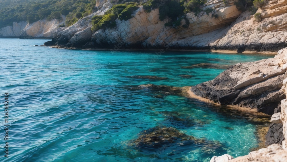 Obraz premium Serene turquoise waters lapping against rugged coastline under bright blue skies in a peaceful natural setting.