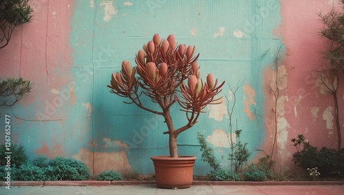 Euphorbia Trigona Rubra Plant Against Colorful Wall With Copy Space For Text Layout In Modern Indoor Setting photo