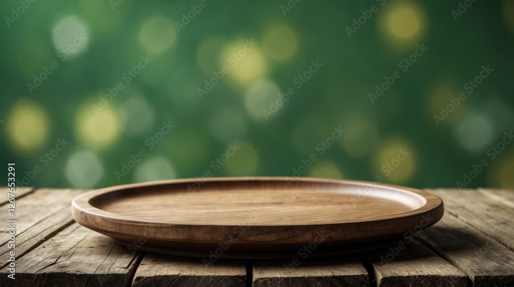 Wooden Plate Displayed on Rustic Table with Green Bokeh Background Ideal for Restaurant or Culinary Themes and Product Presentations Wooden Plate Displayed on Rustic Table with Green Bokeh Background Ideal for Restaurant or Culinary Themes and Product Presentations