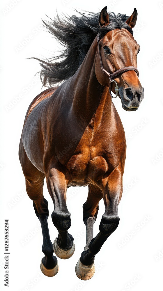 Majestic brown horse galloping with flowing mane in bright sunlight capturing the essence of wild beauty and strength Majestic brown horse galloping with flowing mane in bright sunlight capturing the essence of wild beauty and strength
