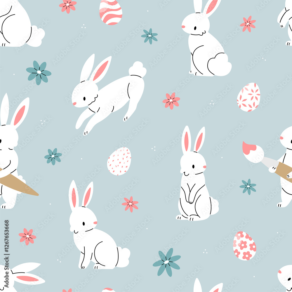 Seamless pattern with white bunnies, Easter eggs and flowers on a blue background. Easter illustration background. Flat illustration. Seamless pattern with white bunnies, Easter eggs and flowers on a blue background. Easter illustration background. Flat illustration.