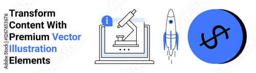 Microscope on laptop screen, ascending rocket, and dollar sign representing innovation, technology, finance, growth, research, and business concepts. Ideal for startups education marketing