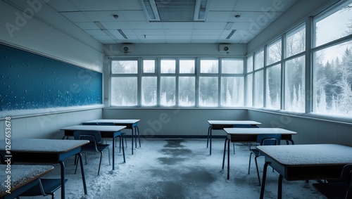 Snow-covered classroom with empty desks and large windows, creating a serene and quiet atmosphere. Frosted glass and scattered snowflakes enhance the