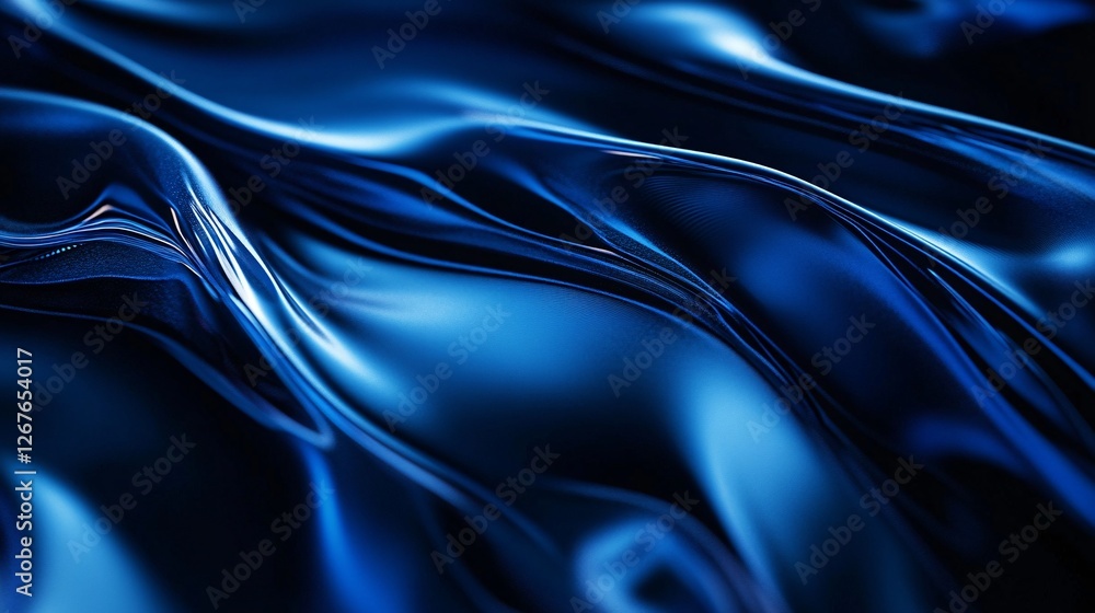 Fototapeta premium A close-up of smooth, flowing blue fabric with reflective surfaces, creating a sense of depth and movement.