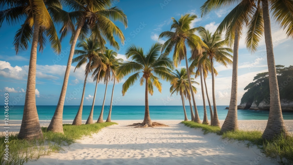 Serene Coastal Paradise Featuring Lush Palm Trees Framing a Tranquil Beach with Crystal Clear Waters and a Unique Cross Palm Tree Centerpiece Serene Coastal Paradise Featuring Lush Palm Trees Framing a Tranquil Beach with Crystal Clear Waters and a Unique Cross Palm Tree Centerpiece