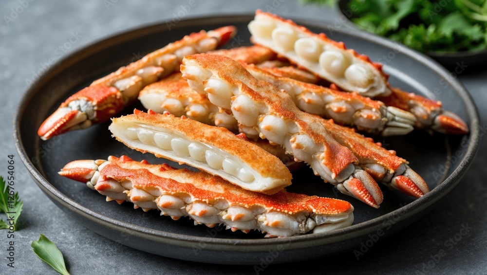 Delicious Crab Sticks Arranged On A Dark Plate With Fresh Ingredients And Copy Space For Text For Culinary Presentations Delicious Crab Sticks Arranged On A Dark Plate With Fresh Ingredients And Copy Space For Text For Culinary Presentations