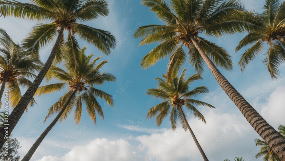 Obraz premium Coconut Palm Trees Against a Blue Sky with Soft Clouds Offering Open Copy Space for Text and Design Elements
