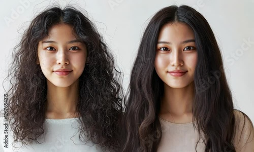 an Asian woman with frizzy hair, before and after using shampoo, showing clearly the transformation from curly to straight hair, set against a white background