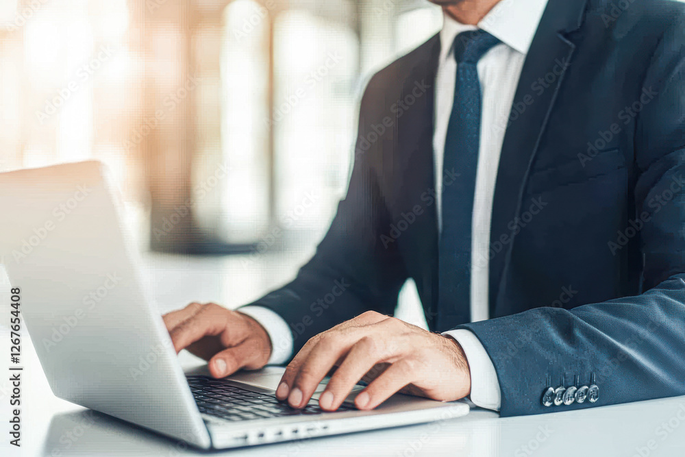 Business professional typing on laptop in modern office environment Business professional typing on laptop in modern office environment