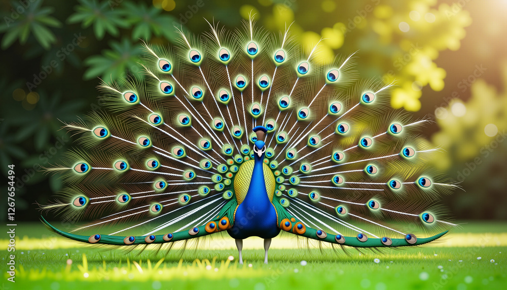 Obraz premium Elegant peacock displaying vibrant plumage in garden, natural beauty