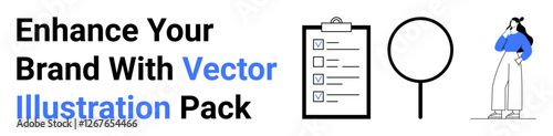Highlighted text beside a checklist, magnifying glass, and pondering woman. Ideal for branding, marketing, creativity, planning, strategy analysis and editorial design. Perfect as a flat landing