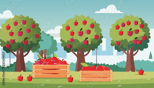 A delightful pixel art illustration showcases vibrant green apple trees along with several crates overflowing with juicy, ripe apples in a charming orchard