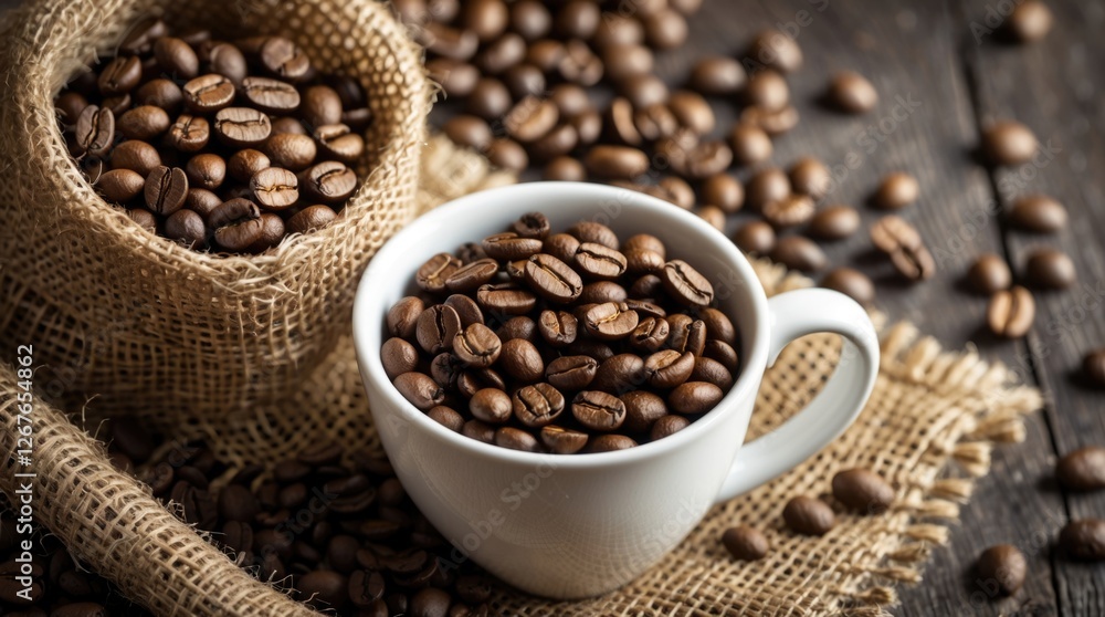Fototapeta premium Coffee beans in white cup with burlap sack on rustic wooden table natural lighting