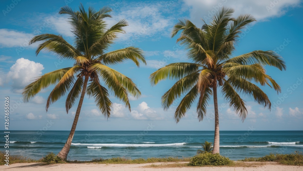 Fototapeta premium Tropical Beach Scene with Coconut Trees and Blue Sky Overlooking Calm Sea Waves