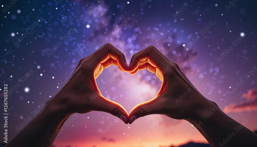 Fototapeta premium Hands forming heart shape with light in starry night backdrop 