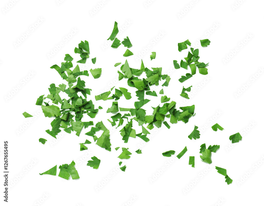 Pieces of fresh parsley leaves on white background Pieces of fresh parsley leaves on white background