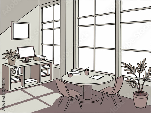 An incredibly vibrant pixel art drawing depicting a cozy room that features a stylish table along with several comfortable chairs artfully arranged around it