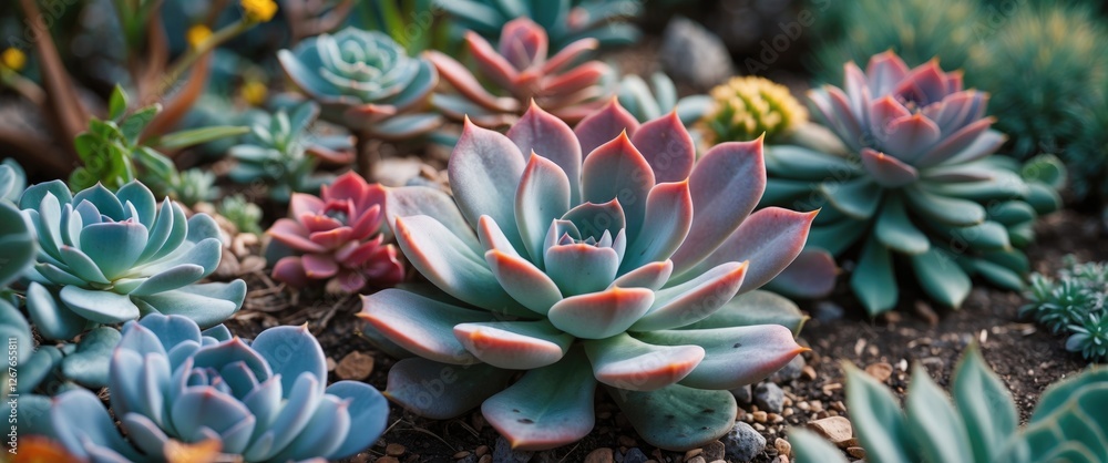 Fototapeta premium Vibrant Echeveria Succulents Flourishing in a Lush Garden Setting with Diverse Greenery and Colorful Foliage