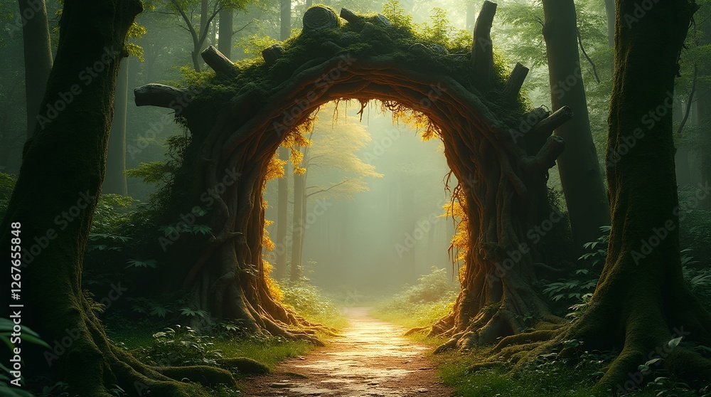 Naklejka premium Spectacular fantasy scene with a portal archway covered in creepers. In the fantasy world, ancient magical stone gate show another dimension. Digital art 3D illustration, window entrance in forest