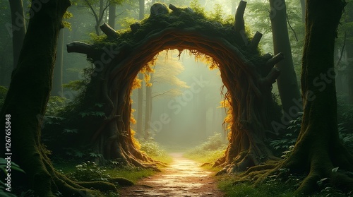 Fototapeta Naklejka Na Ścianę i Meble -  Spectacular fantasy scene with a portal archway covered in creepers. In the fantasy world, ancient magical stone gate show another dimension. Digital art 3D illustration, window entrance in forest