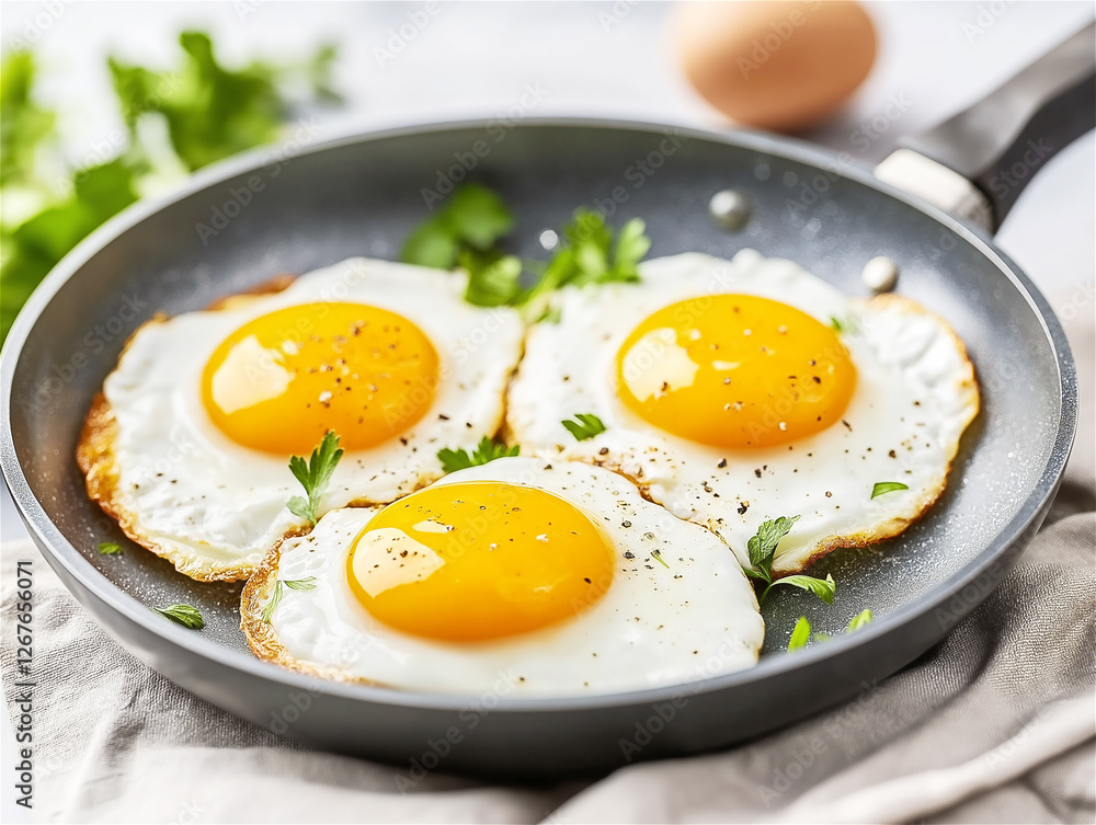 Two sunny-side-up eggs in a frying pan, garnished with fresh herbs. The eggs have vibrant yellow yolks and are ready to be enjoyed for a hearty breakfast. Two sunny-side-up eggs in a frying pan, garnished with fresh herbs. The eggs have vibrant yellow yolks and are ready to be enjoyed for a hearty breakfast.