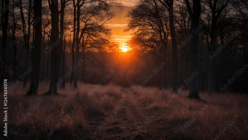 Obraz premium Serene sunset illuminating a tranquil forest path through dark woods with tall trees and soft grasses silhouetted against the glowing sky.