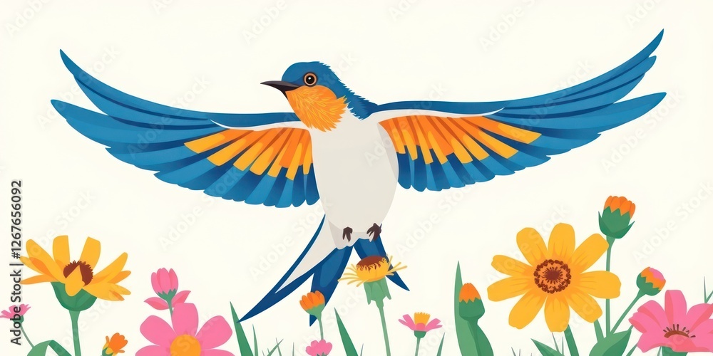 Fototapeta premium A swallow bird with colorful feathers soars gracefully above a field filled with blooming flowers, celebrating the warmth and beauty of spring