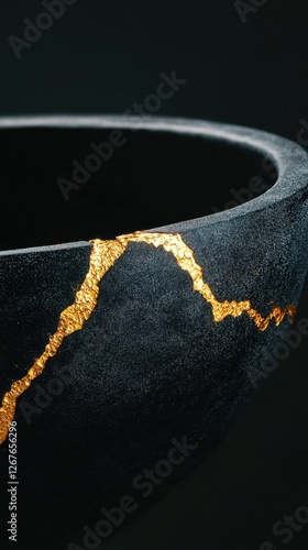 Kintsugi art: black ceramic bowl with gold repair