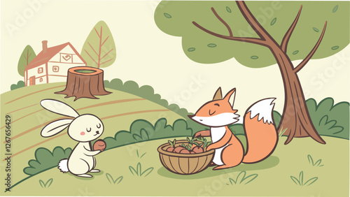 A clever little fox and a curious rabbit are comfortably sitting together on a mossy tree stump in the enchanting woods, enjoying natures beauty