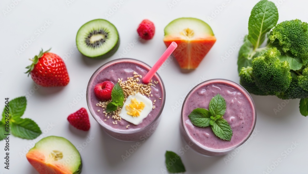 Naklejka premium Bright and Colorful Smoothie Bowls Surrounded by Fresh Fruits and Vegetables on a White Background