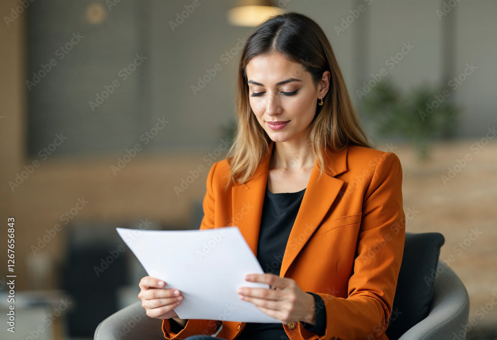 Focused Businesswoman in an Orange Blazer Reading a Document in a Modern Office Setting, Engaged in Professional Work and Communication. Focused Businesswoman in an Orange Blazer Reading a Document in a Modern Office Setting, Engaged in Professional Work and Communication.