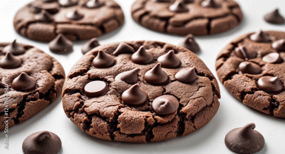 Delicious chocolate chip cookies arranged artfully on a clean white background showcasing their crispy texture and rich chocolate flavor. Delicious chocolate chip cookies arranged artfully on a clean white background showcasing their crispy texture and rich chocolate flavor.