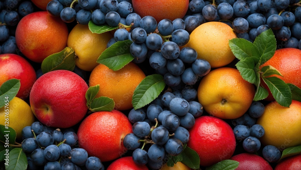 Vibrant Assortment of Fresh Fruits with Grapes Apples and Plums on a Dark Background Ideal for Text Overlay or Wellness Promotion Vibrant Assortment of Fresh Fruits with Grapes Apples and Plums on a Dark Background Ideal for Text Overlay or Wellness Promotion