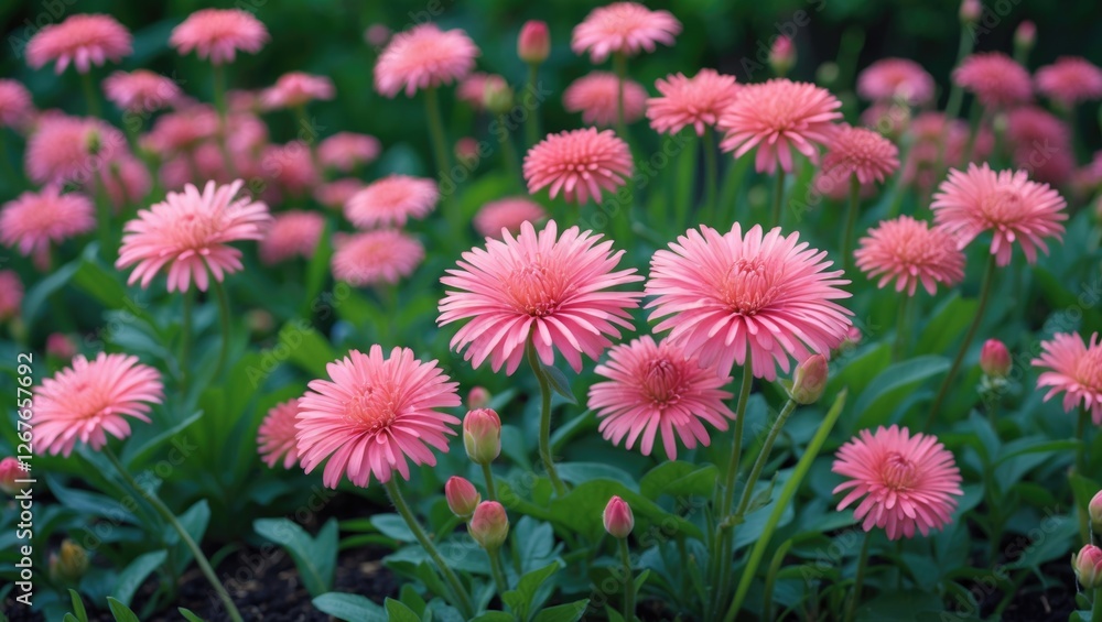 Obraz premium Vibrant pink tsinia flowers blooming in a lush green flowerbed creating a stunning botanical backdrop for nature enthusiasts and gardeners