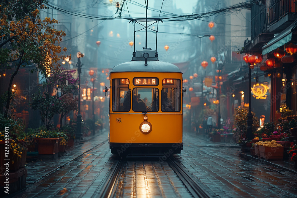 Obraz premium Vintage Trolley Glides Through Lantern-Lit Streets in a Misty Chinatown