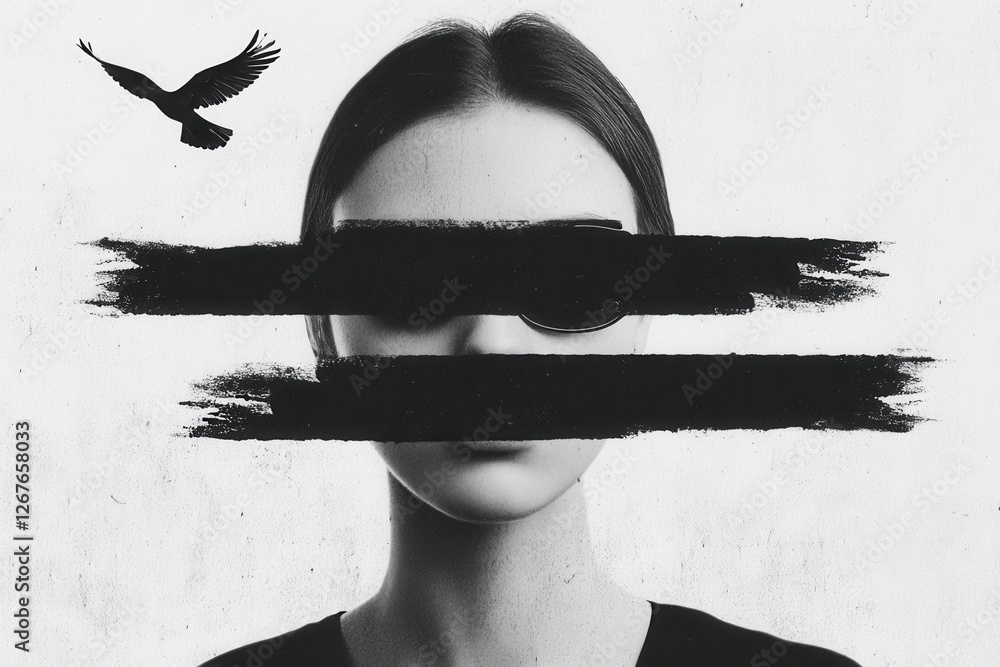 Abstract portrait with bird symbolizing freedom hidden identity