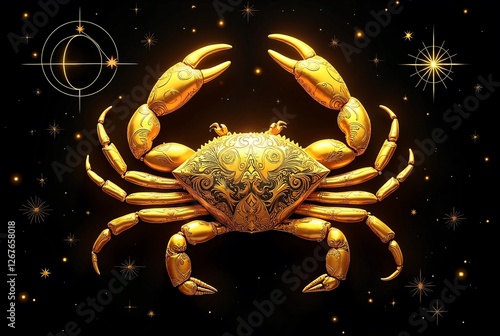 Luxury Cancer Zodiac Sign – Elegant Gold Celestial Crab with Ornate Black Background, High-End Astrological Art, Golden Constellation, Premium Horoscope Design for Posters 2