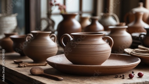Artisan Pottery Collection Featuring Traditional Brown Clay Vessels on Wooden Table Showcase Decorative and Functional Pottery Crafts