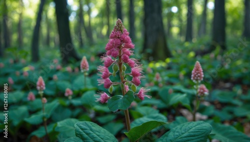 Close up of American pokeweed plant in lush forest setting showcasing pink flowering spikes among vibrant greenery in macro view. photo