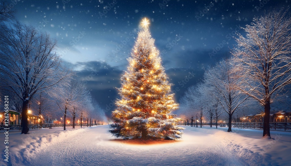 a lit christmas tree under a snowy sky with snow covered trees lining the street perfect for use in holiday campaigns winter themed marketing materials and seasonal greeting cards a lit christmas tree under a snowy sky with snow covered trees lining the street perfect for use in holiday campaigns winter themed marketing materials and seasonal greeting cards