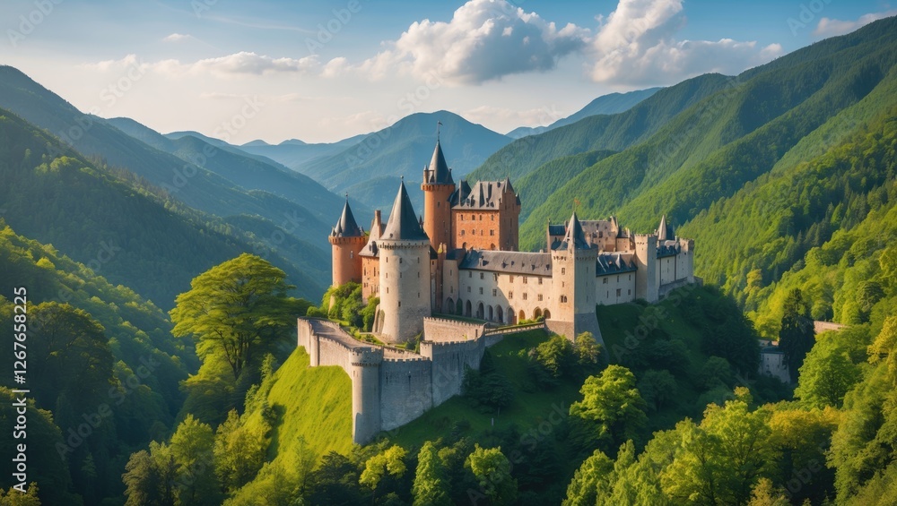 Majestic Castle Surrounded by Verdant Mountains Under Bright Blue Sky During Daylight Majestic Castle Surrounded by Verdant Mountains Under Bright Blue Sky During Daylight