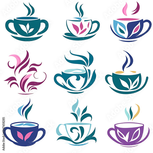 Obraz na płótnie Diverse Artistic Tea Cups with Decorative Vapor Trails Creative Beverage and Design Elements Collection w salonie